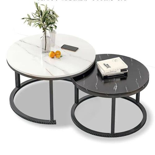 Set of 2 Round Nesting Coffee Tables – Black and White MDF Tops with Modern Design for Living Room