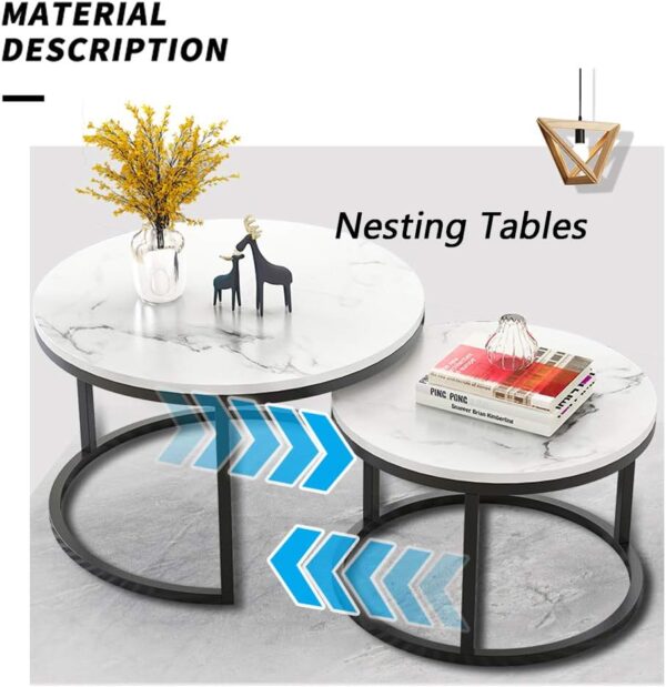 Set of 2 Round Nesting Coffee Tables – Black and White MDF Tops with Modern Design for Living Room