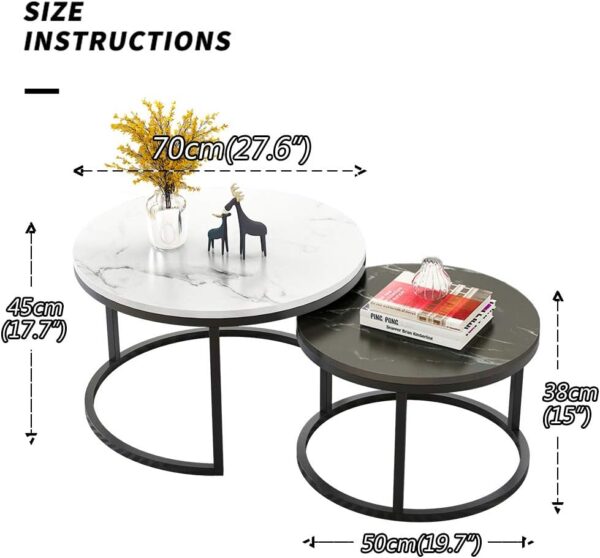 Set of 2 Round Nesting Coffee Tables – Black and White MDF Tops with Modern Design for Living Room