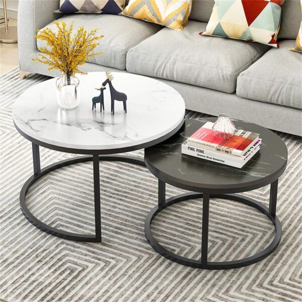 Set of 2 Round Nesting Coffee Tables – Black and White MDF Tops with Modern Design for Living Room