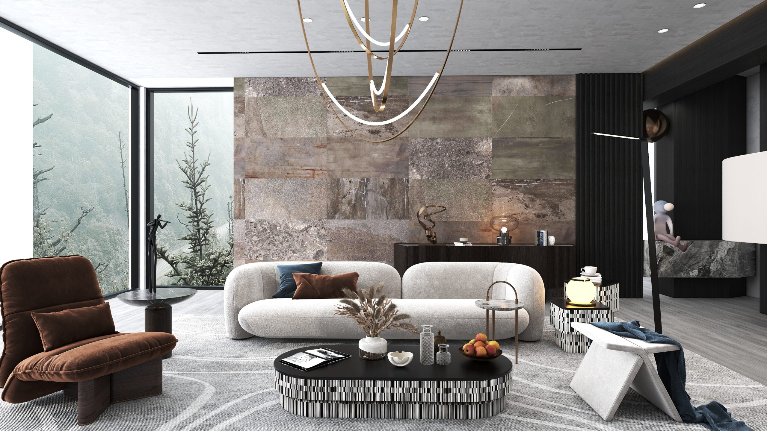 Modern living room with marble accents